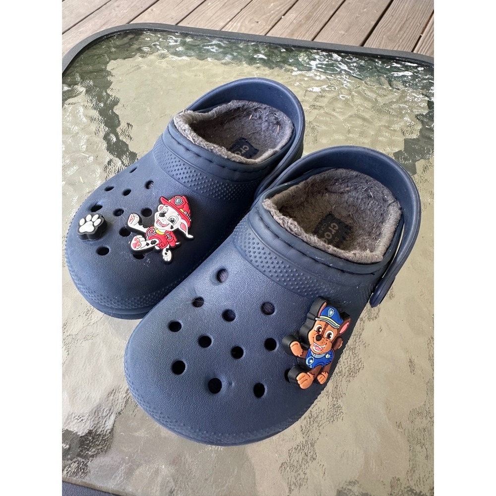 Crocs Kids Classic Lined Clog‎ Paw Patrol Navy Blue Fuzzy Warm Shoes C9
